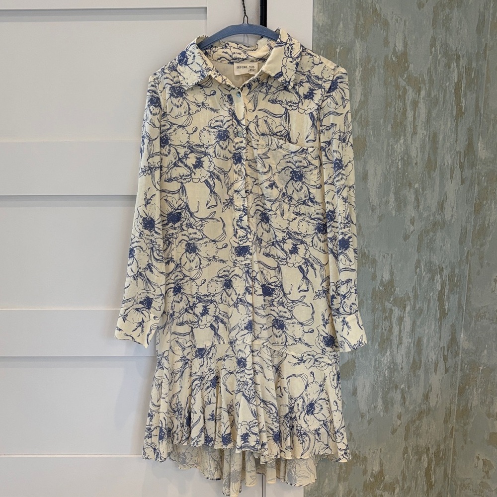 Elegant Blue Floral Long Sleeve Dress